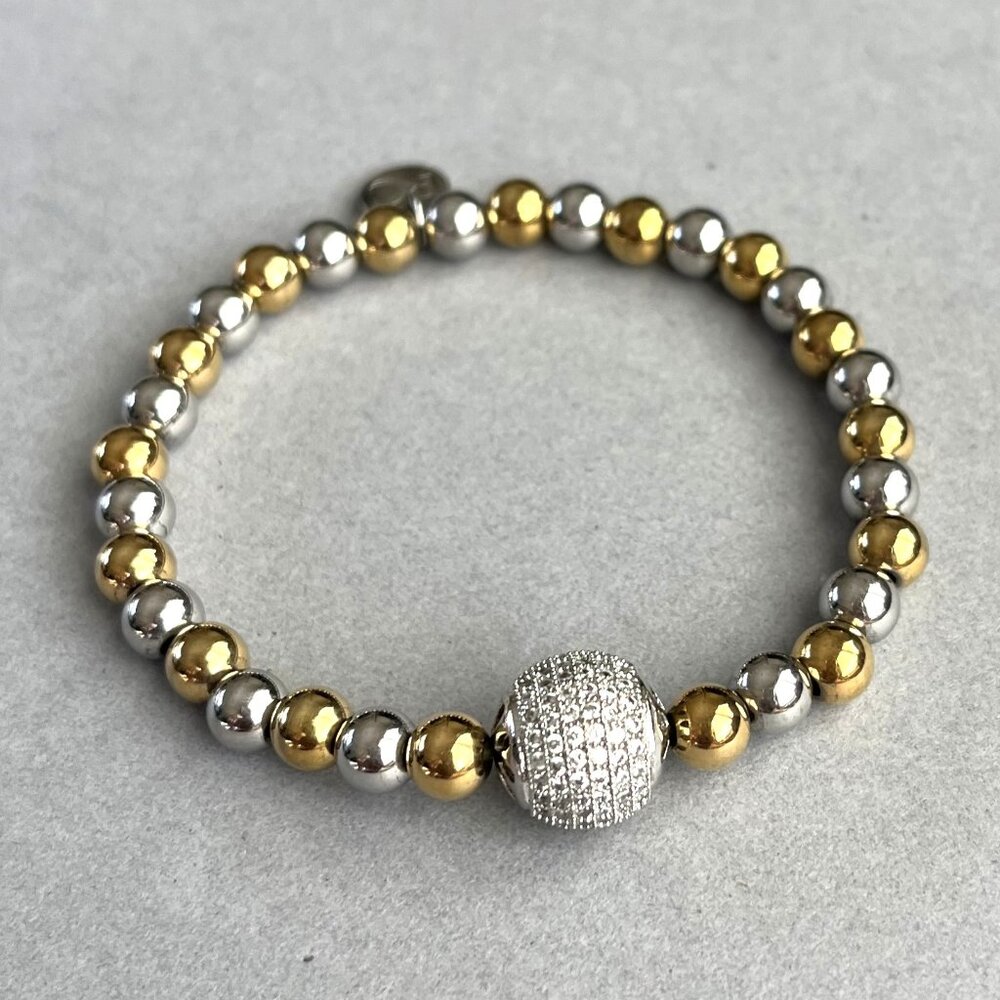 Rustic Cuff Gold and Silver Stainless Beads Pave Focal Bead Stretch Bracelet